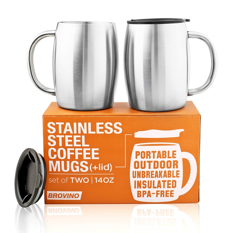 BROVINO Stainless Steel Coffee Mugs with Lid (Set of 2) - 14 oz Double Walled Steel Coffee Glasses with Lid & Handle - Travel, Outdoor, Camping - Vacuum, Shatterproof, Durable - Image 1